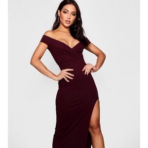 Off the shoulder gown with high slit in berry
